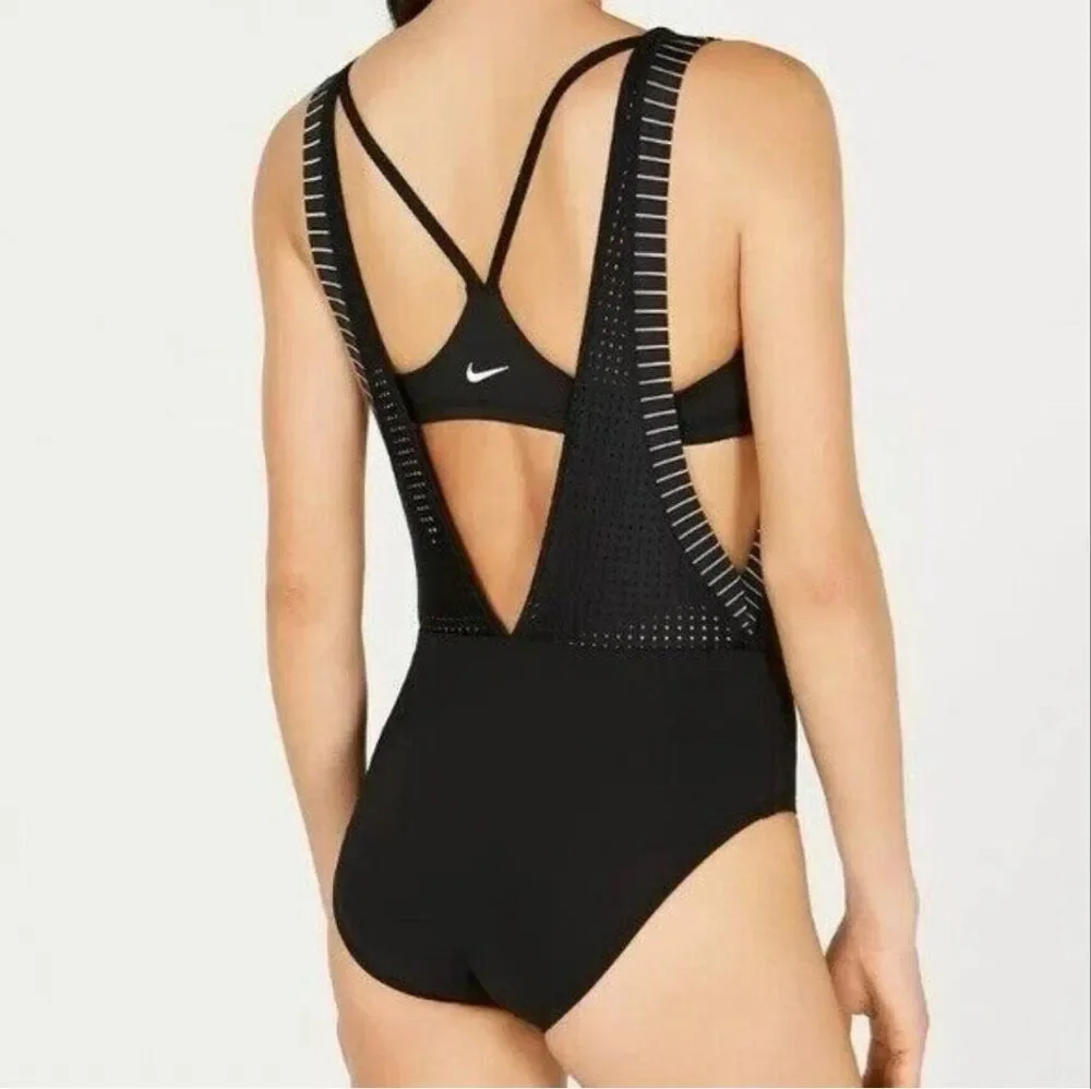 Nike Womens Swimsuit Ness9285 001 Black Large Layered Mesh Buil In Bra One Piece